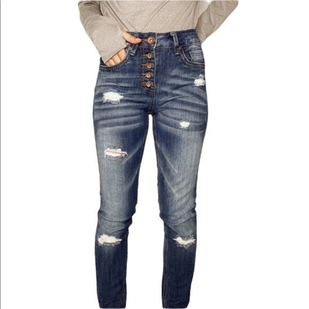 Dollhouse Jeans Mid Rise‎ Capri Button Fly Distressed Blue Denim Womens Size 1